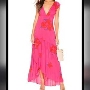 She's a Waterfall.Hot Pink Floral Ruffled Maxi Dress.Free People. Size 6